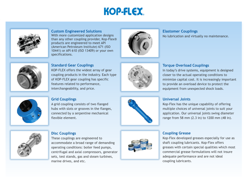 Custom Engineered Solutions  With more customized application designs than any other coupling provider, Kop-Flex® products are engineered to meet API (American Petroleum Institute) 671 (ISO 10441) or API 610 (ISO 13409) or your own specifications. Standard Gear Couplings KOP-FLEX offers the widest array of gear coupling products in the industry. Each type of KOP-FLEX gear coupling has specific features related to performance, interchangeability, and price. Grid Couplings A grid coupling consists of two flanged hubs with slots or grooves in the flanges, connected by a serpentine mechanical flexible element. Disc Couplings These couplings are engineered to accommodate a broad range of demanding operating conditions: boiler feed pumps, centrifugal and axial compressors, generator sets, test stands, gas and steam turbines, marine drives, and etc. Elastomer Couplings No lubrication and virtually no maintenance. Torque Overload Couplings In today’s drive systems, equipment is designed closer to the actual operating conditions to minimize capital cost. It is increasingly important to provide an overload device to protect the equipment from unexpected shock loads. Universal Joints Kop-Flex has the unique capability of offering multiple choices of universal joints to suit your application. Our universal joints swing diameter range from 58 mm (2.3 in) to 1200 mm (48 in).  Coupling Grease Kop-Flex developed greases especially for use as shaft coupling lubricants. Kop-Flex offers greases with certain special qualities which most commercial grease formulations will not insure adequate performance and are not ideal coupling lubricants.