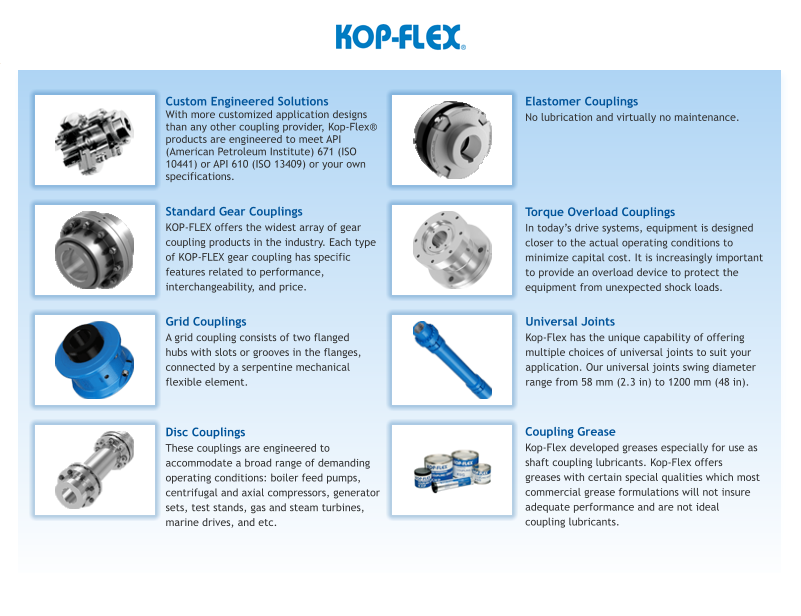 Custom Engineered Solutions  With more customized application designs than any other coupling provider, Kop-Flex� products are engineered to meet API (American Petroleum Institute) 671 (ISO 10441) or API 610 (ISO 13409) or your own specifications. Standard Gear Couplings KOP-FLEX offers the widest array of gear coupling products in the industry. Each type of KOP-FLEX gear coupling has specific features related to performance, interchangeability, and price. Grid Couplings A grid coupling consists of two flanged hubs with slots or grooves in the flanges, connected by a serpentine mechanical flexible element. Disc Couplings These couplings are engineered to accommodate a broad range of demanding operating conditions: boiler feed pumps, centrifugal and axial compressors, generator sets, test stands, gas and steam turbines, marine drives, and etc. Elastomer Couplings No lubrication and virtually no maintenance. Torque Overload Couplings In today�s drive systems, equipment is designed closer to the actual operating conditions to minimize capital cost. It is increasingly important to provide an overload device to protect the equipment from unexpected shock loads. Universal Joints Kop-Flex has the unique capability of offering multiple choices of universal joints to suit your application. Our universal joints swing diameter range from 58 mm (2.3 in) to 1200 mm (48 in).  Coupling Grease Kop-Flex developed greases especially for use as shaft coupling lubricants. Kop-Flex offers greases with certain special qualities which most commercial grease formulations will not insure adequate performance and are not ideal coupling lubricants.